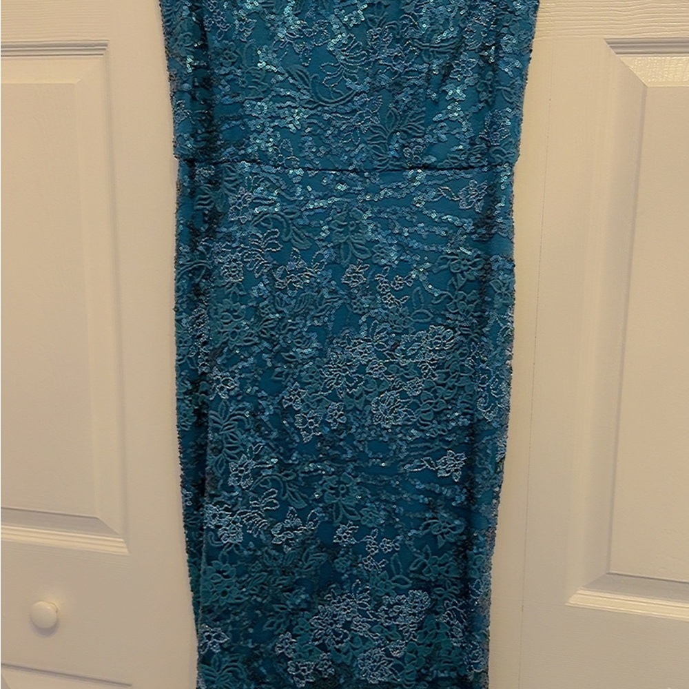 Alex Evenings Teal Floral Lace Maxi Dress